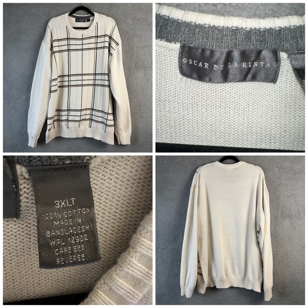 Oscar De La Renta Sweater Men's 3XLT Ivory Stripe Cotton Rib Knit Round Neck